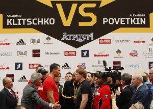 Heavyweight boxing world champion Vladimir Klitschko of Ukraine and Challenger Alexander Povetkin of Russia attend an official weigh-in on the eve of their title fight in Moscow