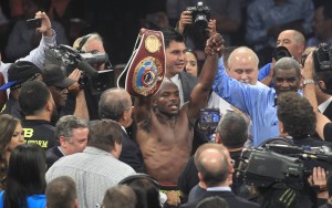Bradley Jr. celebrates his victory over Marquez of Mexico at the Thomas & Mack Center in Las Vegas