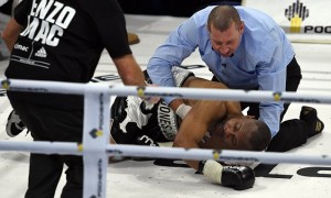 American-Russian boxer Roy Jones Jr. lies in the ring after being knocked out during the bout against British boxer Enzo Maccarinelli in Moscow on December 12, 2015. 46-year-old Roy Jones Jr. has knocked out in first bout as Russian citizen. / AFP / VASILY MAXIMOVVASILY MAXIMOV/AFP/Getty Images